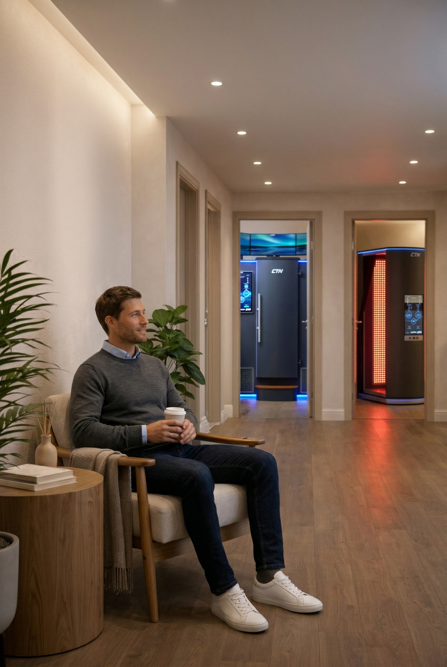 Premium RNR recovery studio interior, warm lighting